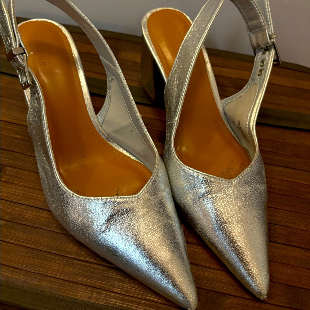Asos design wide slingback silver metallic block heels